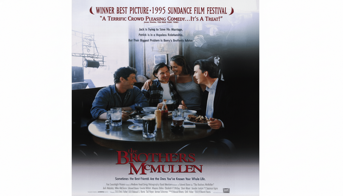 The movie poster for The Brothers McMullen is resized to a 16:9 aspect ratio, maintaining the original background and content. The poster features four people sitting around a table, with the movie title and credits at the bottom.