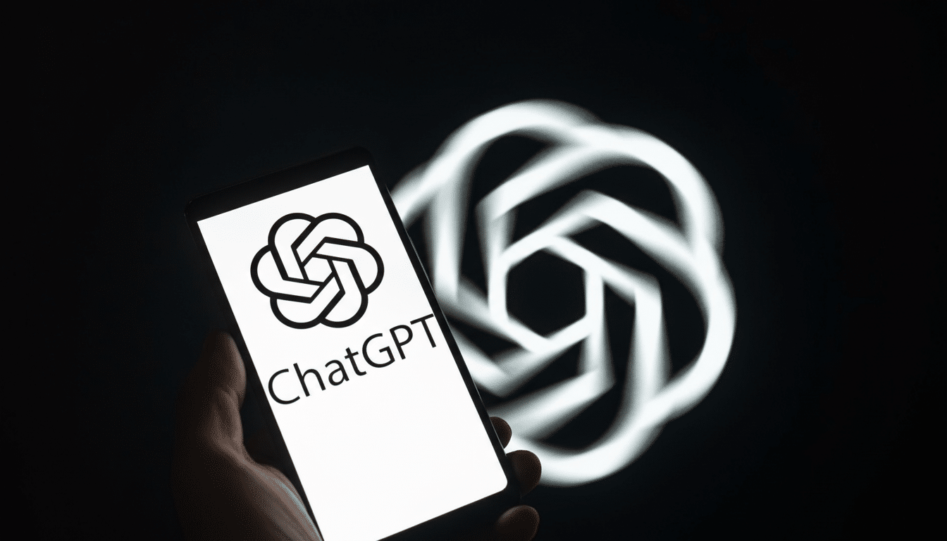 A hand holding a smartphone displaying the ChatGPT logo and name, with a larger, blurred OpenAI logo in the background.