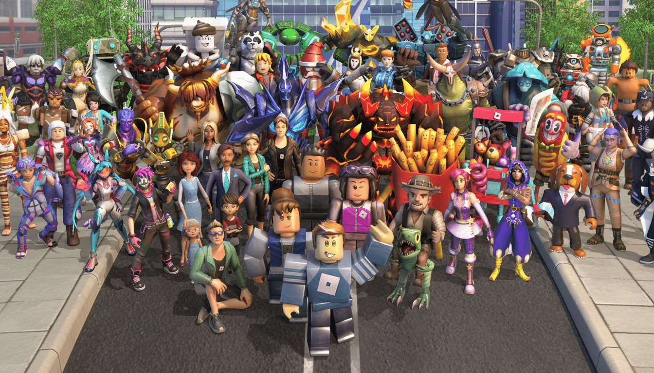 A large group of diverse Roblox avatars, including human-like characters, monsters, and animals, are gathered on a paved street with buildings and trees in the background.