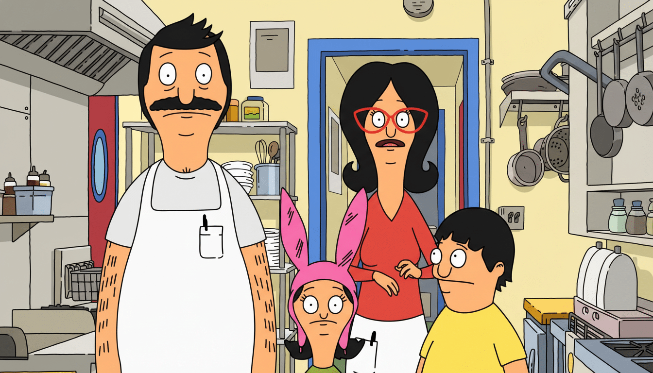 The Belcher family from Bobs Burgers standing in their restaurant kitchen.