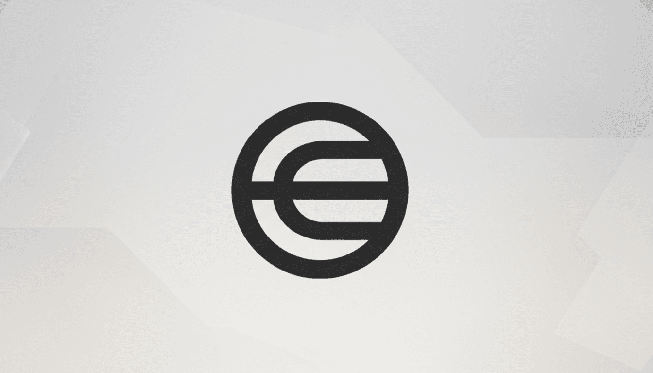 A black circular logo with a stylized E or C shape inside, set against a professional light gray background with subtle geometric patterns, resized to a 16:9 aspect ratio.