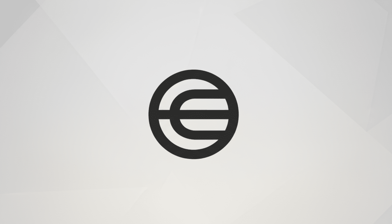 A black circular logo with a stylized E or C shape inside, presented on a professional light gray background with subtle geometric patterns.