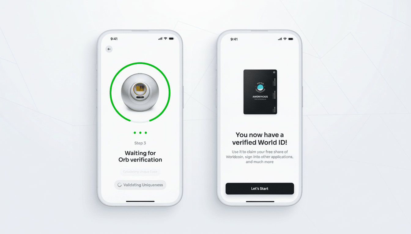Two mobile phones displaying Worldcoin app screens. The left screen shows Waiting for Orb verification with a spinning orb icon. The right screen shows You now have a verified World ID! with a black World ID card and a Lets Start button.