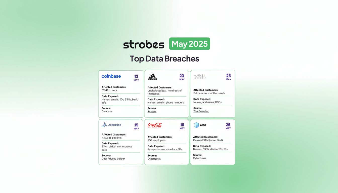 A professional infographic titled Top Data Breaches May 2025 by Strobes, detailing six data breaches from companies like Coinbase, Adidas, Marks & Spencer, Ascension, Coca-Cola, and AT&T, with information on affected customers, data exposed, and sources.