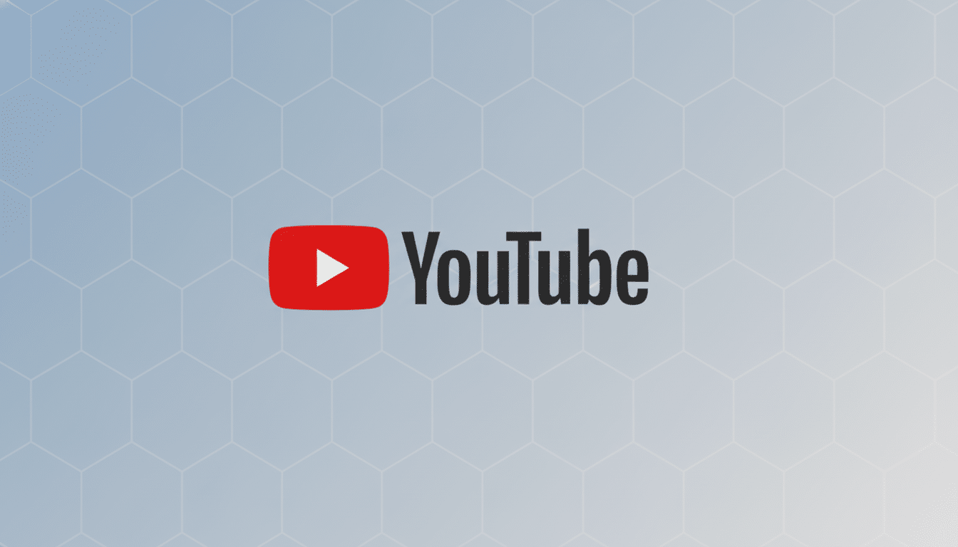 The YouTube logo, featuring a red play button icon next to the word YouTube in black text, centered on a professional flat design background with a subtle hexagonal pattern and a soft blue-grey gradient.