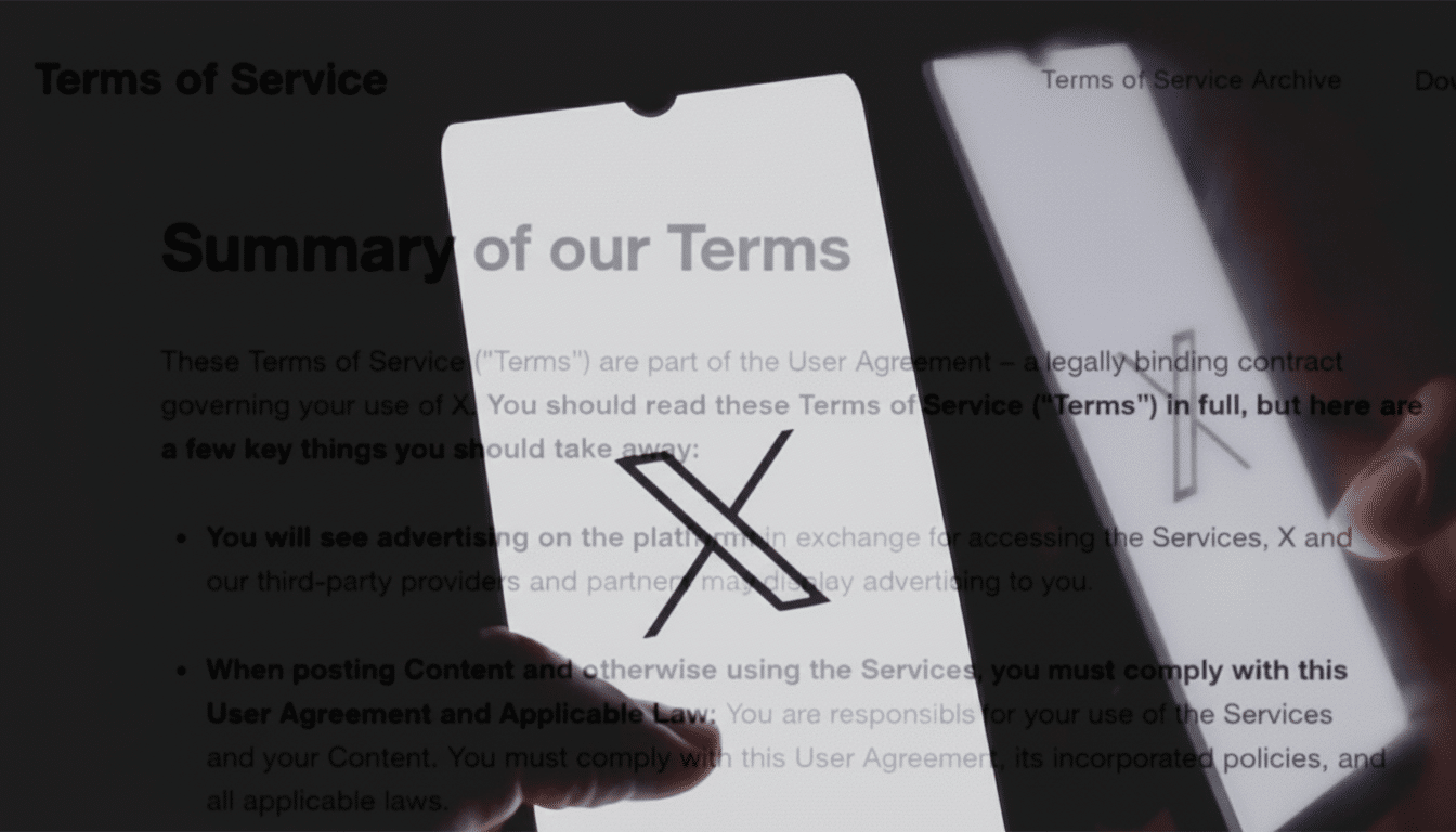 A smartphone displaying Summary of our Terms with an X logo, overlaid on a Terms of Service webpage.