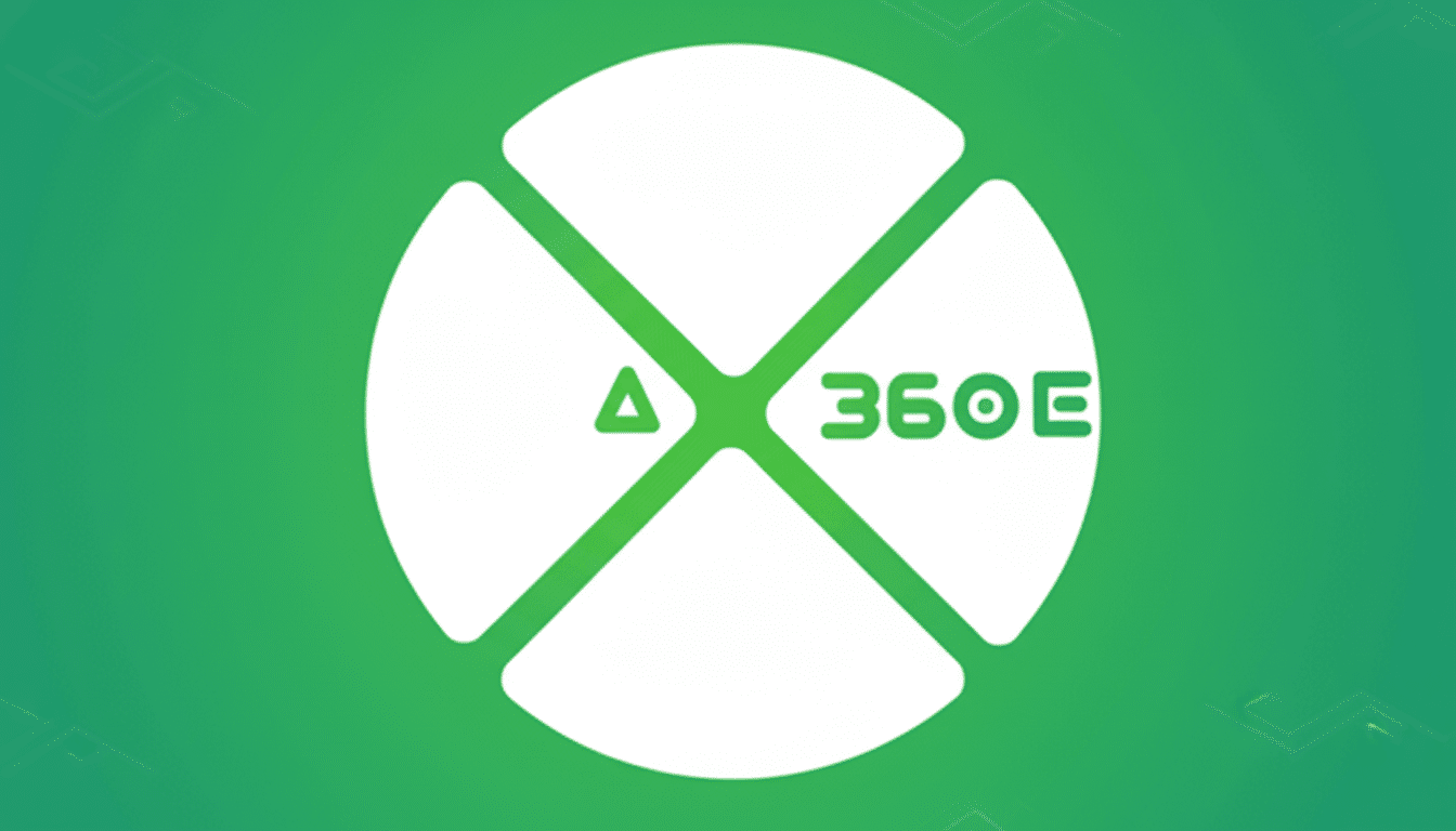 A white circular logo divided into four quadrants, with a green triangle and 360E text on a green background with subtle geometric patterns.