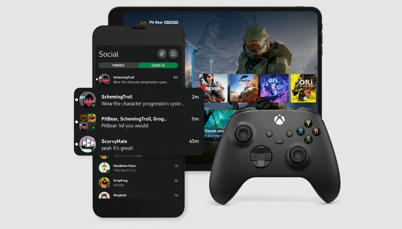 A black Xbox Series X controller, a smartphone displaying a social chat interface, and a tablet showing game titles, all set against a clean, professional background.