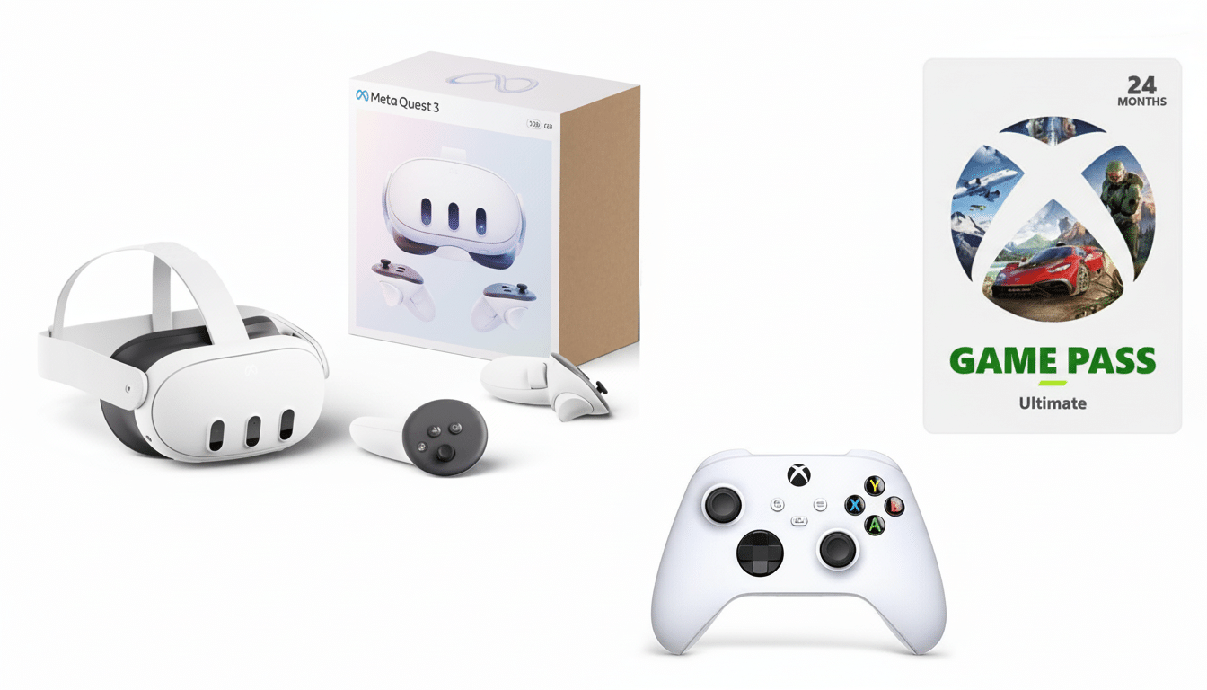 A 16:9 aspect ratio image featuring a Meta Quest 3 VR headset and its packaging, an Xbox wireless controller, and an Xbox Game Pass Ultimate gift card, all on a white background.