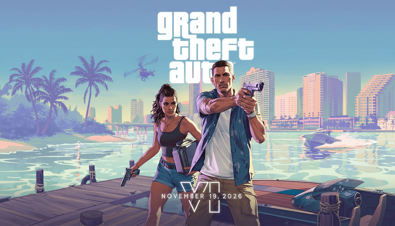 Grand Theft Auto VI promotional image featuring two characters, a man and a woman, standing on a dock with a city skyline and palm trees in the background. The games logo and release date are also visible.