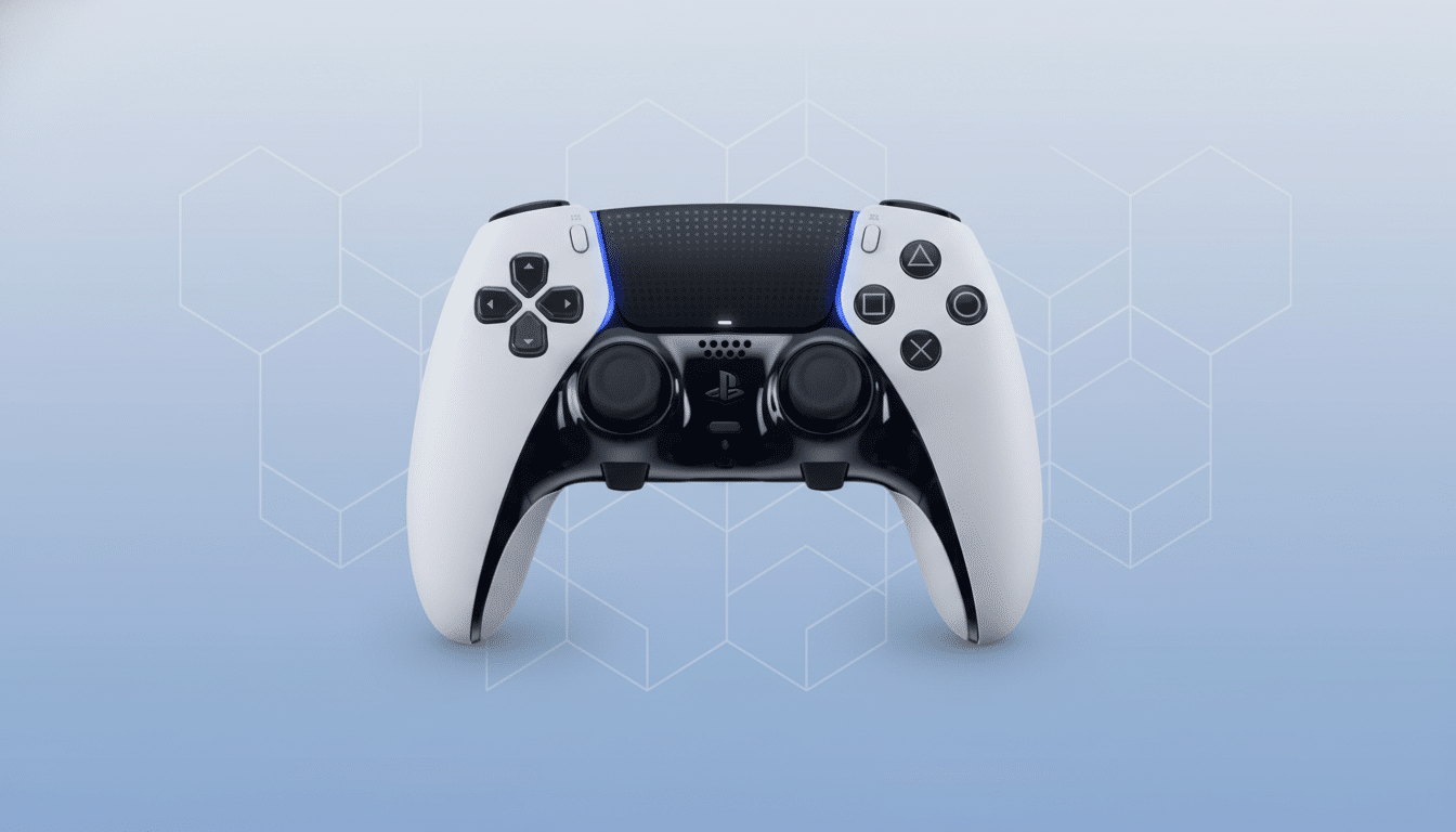 A white and black PlayStation 5 DualSense Edge controller centered on a light blue background with subtle hexagonal patterns.