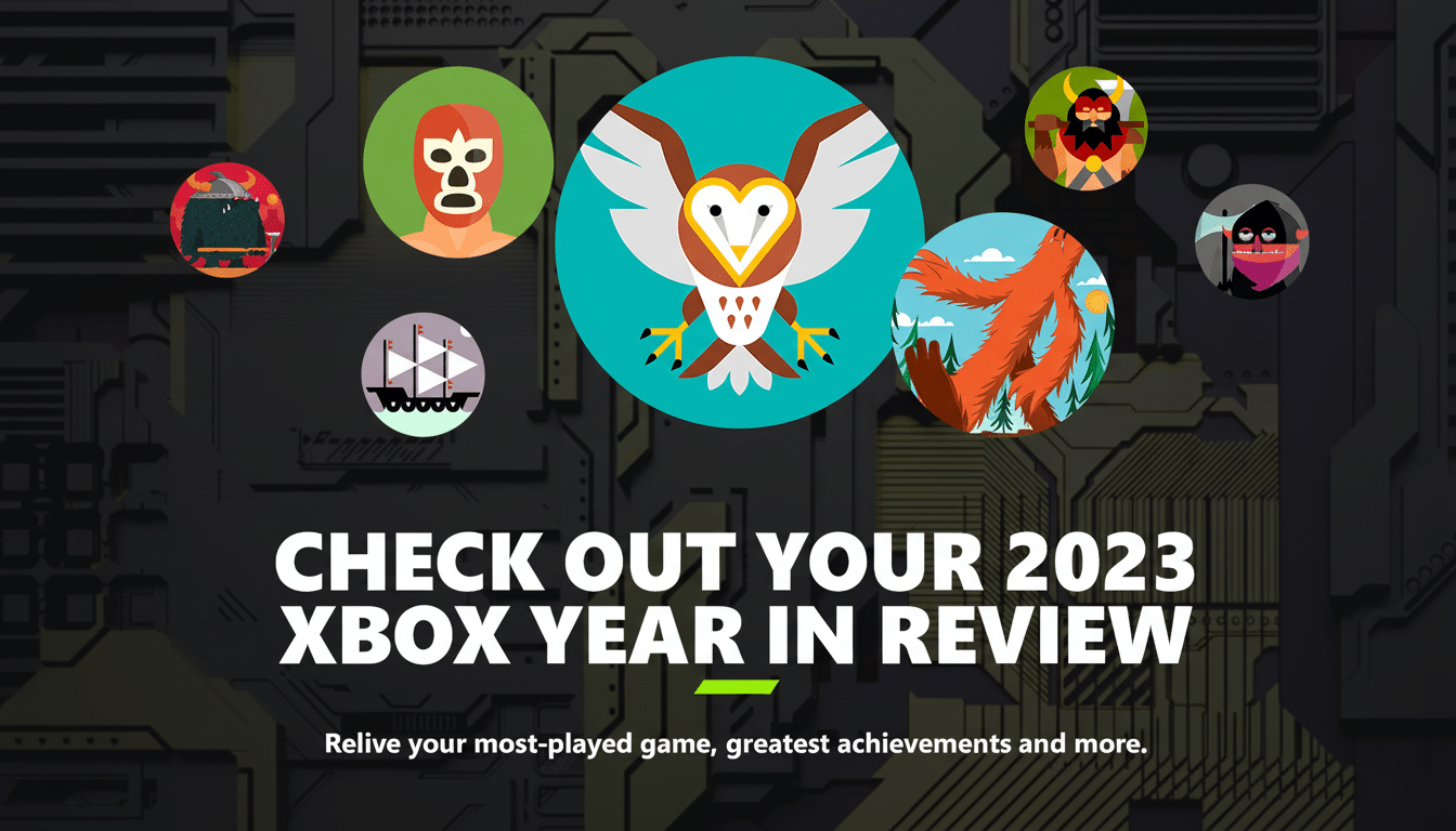 An image with the text CHECK OUT YOUR 2023 XBOX YEAR IN REVIEW and Relive your most-played game, greatest achievements and more. It features several circular icons representing different games, including an owl, a wrestler, a pirate ship, and a furry orange creature, all set against a dark, circuit board-like background.