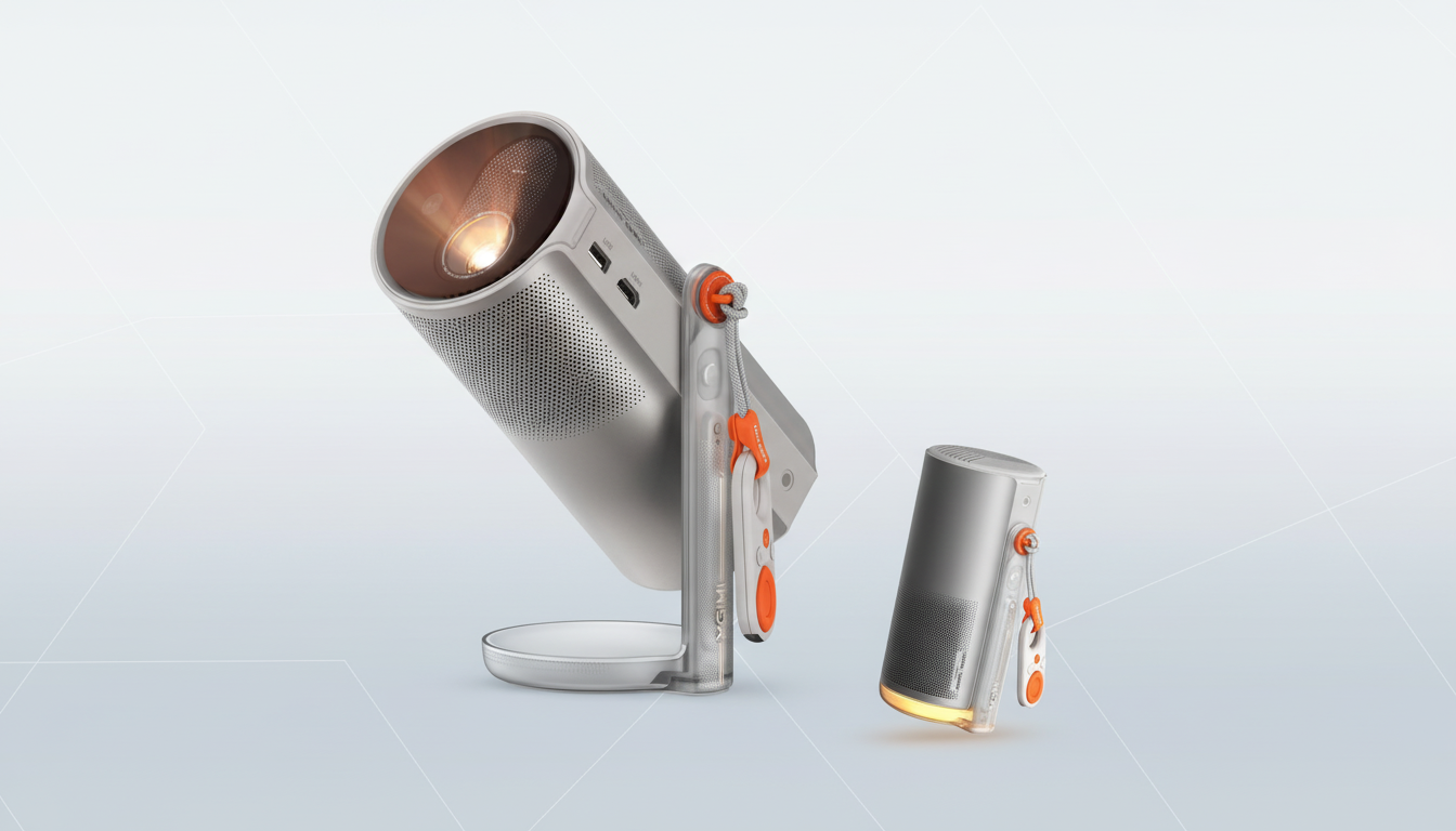A 16:9 aspect ratio image of two silver and orange portable projectors on a professional flat design background with soft patterns.