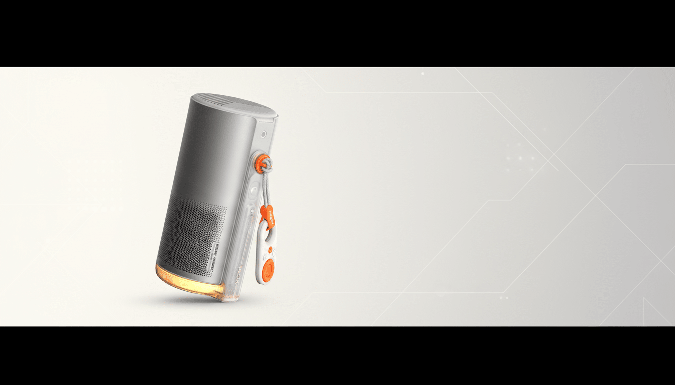 A gray and orange portable speaker with a glowing base, presented on a professional flat design background with subtle geometric patterns.