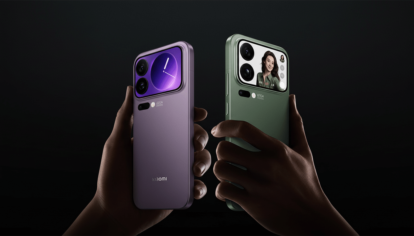 Two hands holding Xiaomi smartphones, one purple and one green, with the green phone displaying a womans face on its screen.