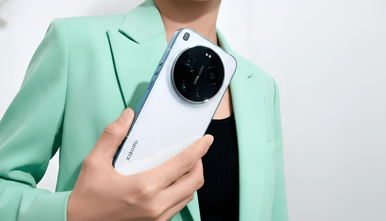 A person in a mint green blazer holding a white Xiaomi smartphone with a large circular camera module.