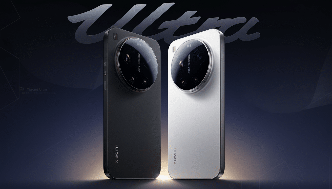 Two Xiaomi Ultra phones, one black and one white, are displayed side-by-side against a dark background with a subtle gradient and the word Ultra in stylized text above them.