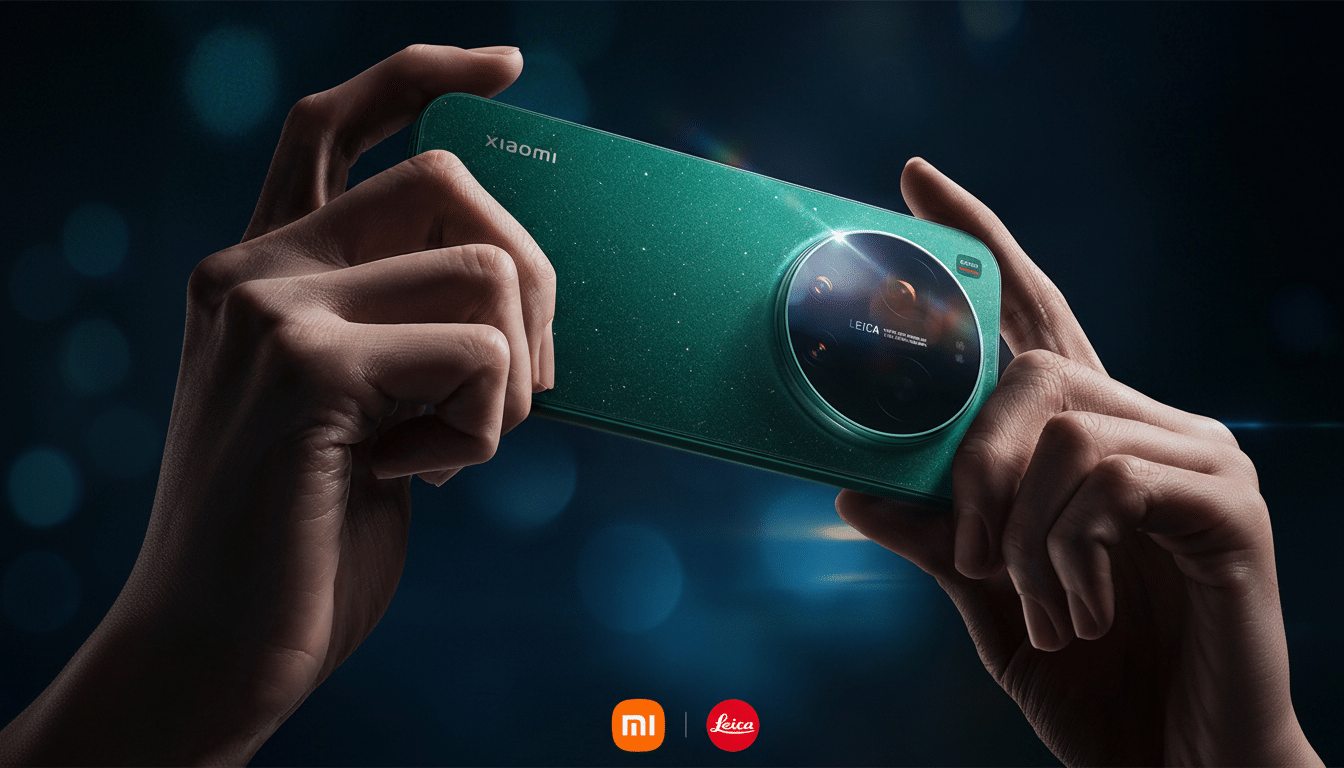 A pair of hands holding a green Xiaomi smartphone with a large Leica camera module, presented in a 16:9 aspect ratio with the original background.