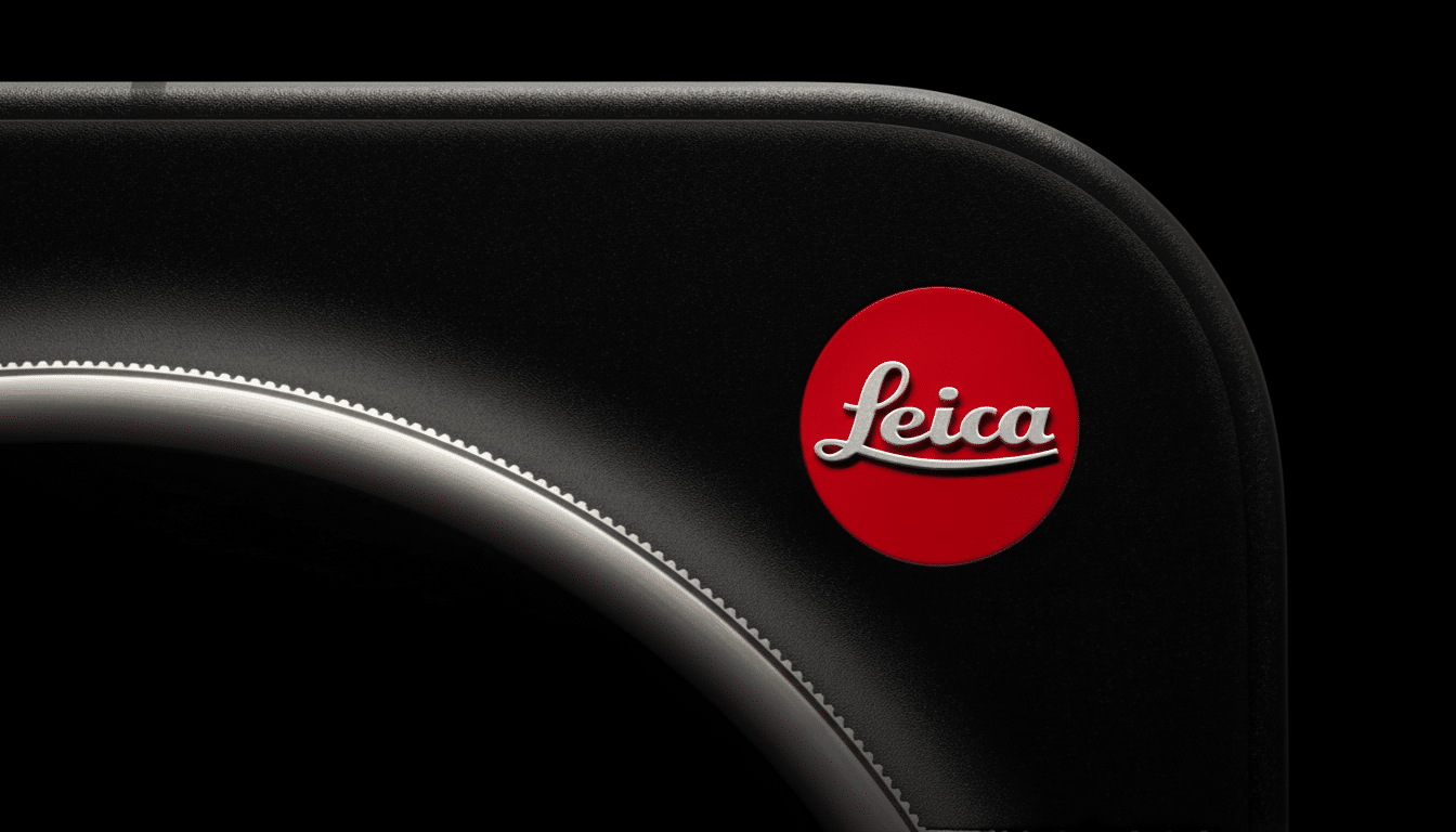 A close-up of a black camera body with a red circular Leica logo.