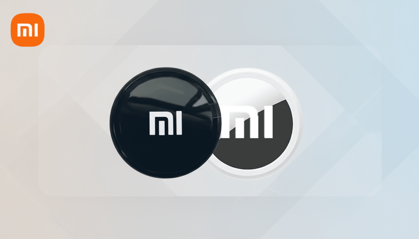 A professional 16:9 image featuring two circular Xiaomi tracking devices, one black and one white, with the Xiaomi logo, set against a soft gradient background with subtle geometric patterns. The Xiaomi logo is also visible in the top left corner.