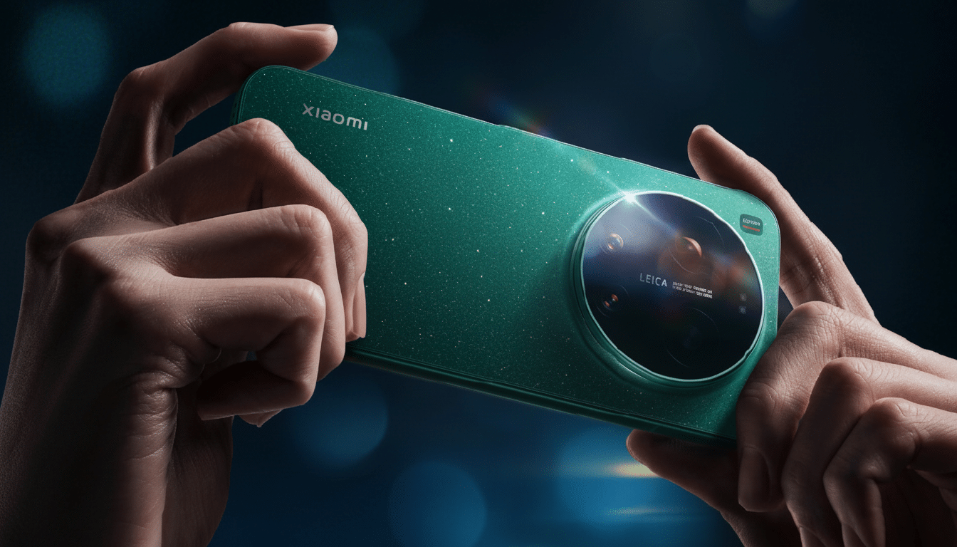 A pair of hands holding a green Xiaomi smartphone with a large circular camera module, set against a dark, bokeh-lit background.