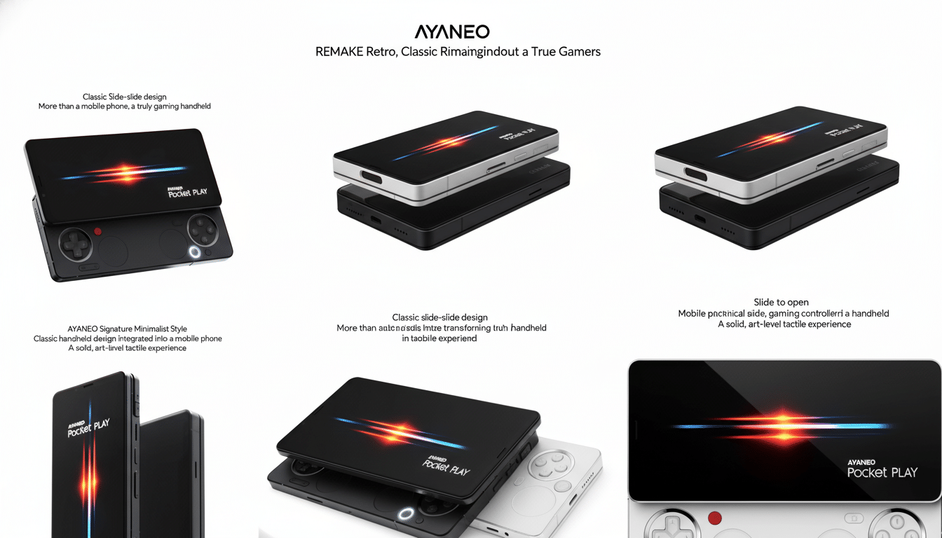 A professional, enhanced image of the AYANEO Pocket Play, a mobile gaming device, presented in a 16:9 aspect ratio. The device is shown in various configurations, highlighting its slide-out controller and sleek design. The background is a clean, professional flat design with soft gradients, ensuring the product remains the central focus without any reflective effects or dramatic changes.