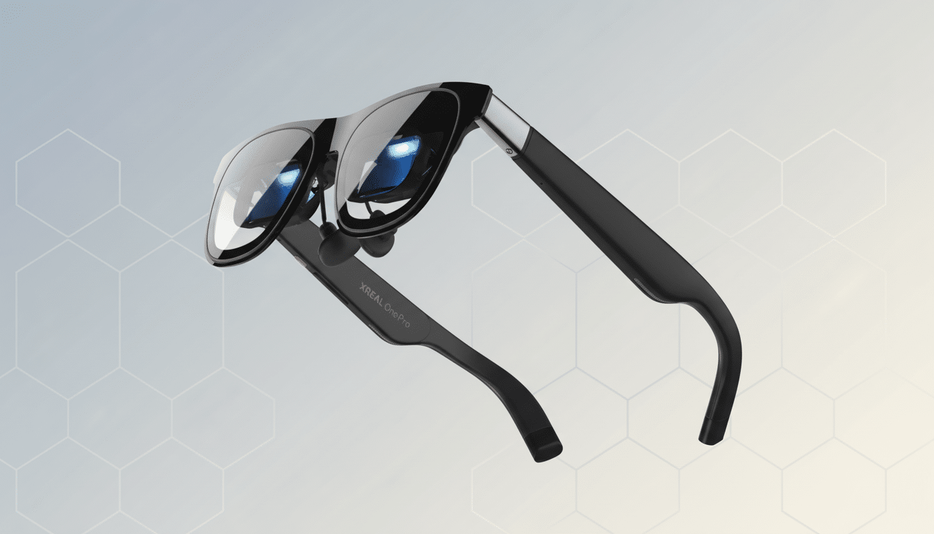 A pair of black XREAL One Pro smart glasses with reflective lenses, presented on a professional flat design background with soft hexagonal patterns and a gradient from light blue to light yellow.