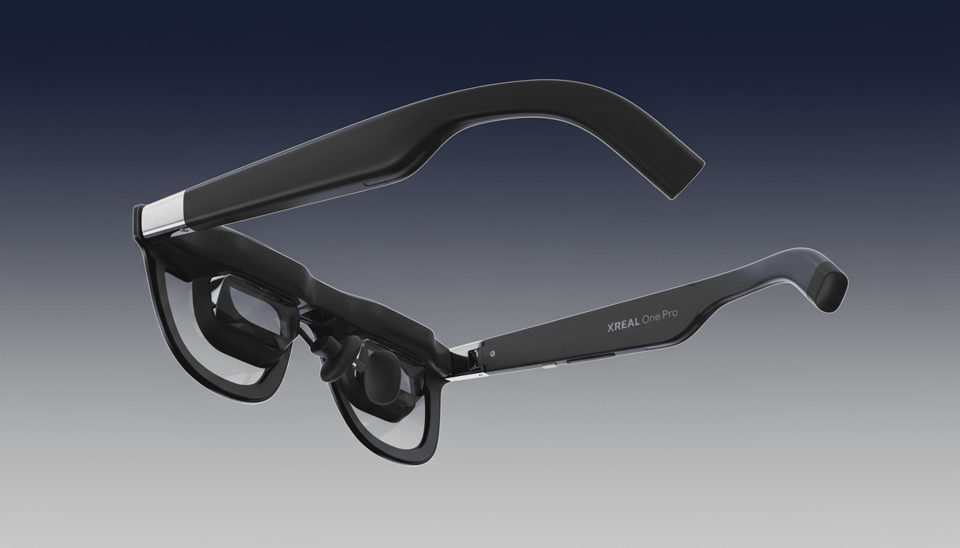 A pair of black XREAL One Pro smart glasses with clear lenses, shown at an angle against a professional gradient background.