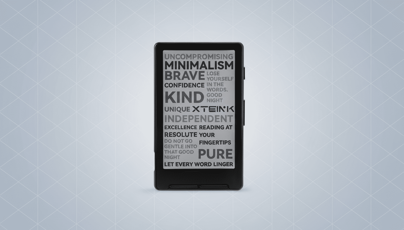 A black e-reader displaying a word cloud on its screen, set against a light gray background with a subtle geometric pattern.