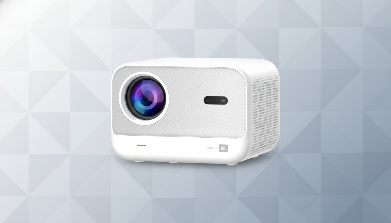 A white projector with a large lens on the front, an orange indicator light, and SOUND BY JBL text, set against a professional flat design background with soft geometric patterns in shades of grey.