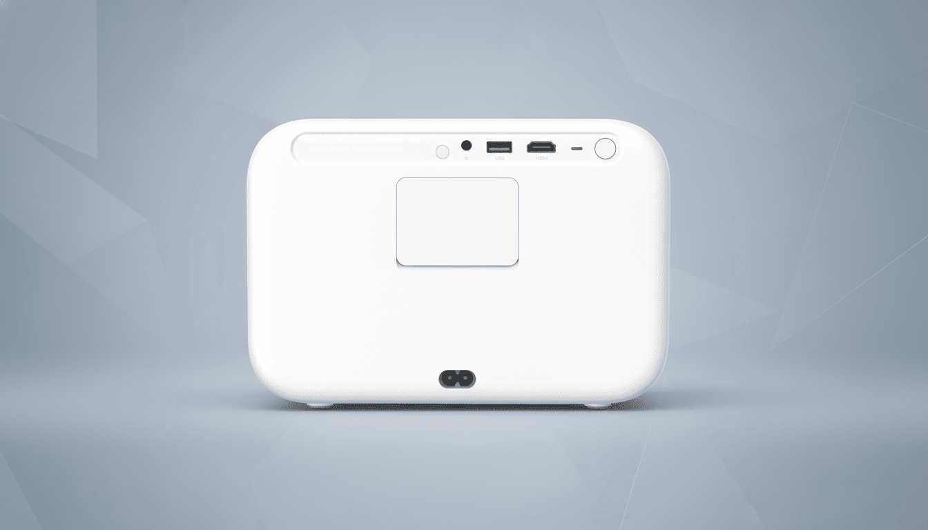 A white rectangular projector with rounded corners, featuring various ports (USB, HDMI) and controls on its back panel, set against a professional gray background with subtle geometric patterns.