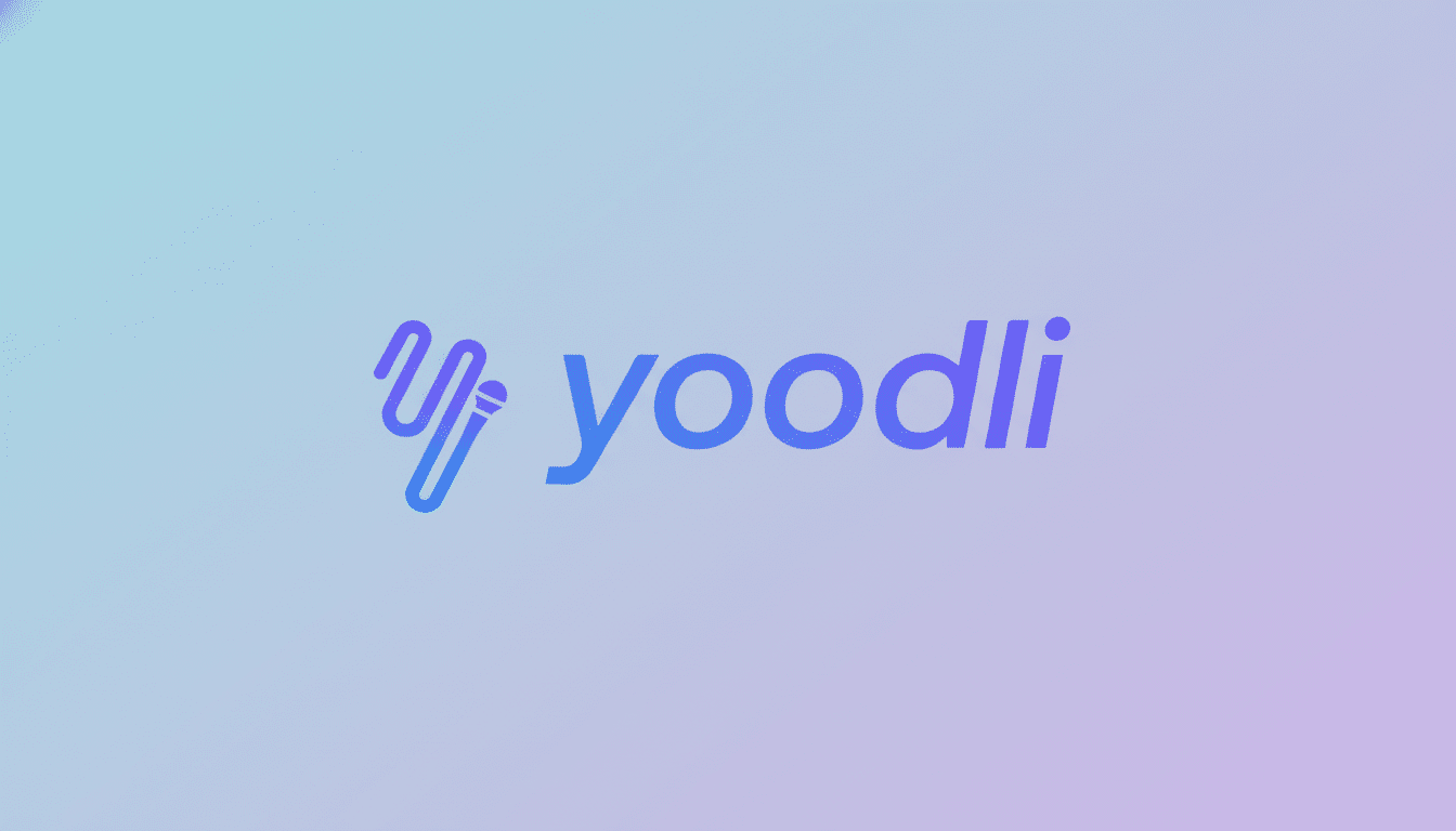 The Yoodli logo, featuring a stylized microphone icon in blue and purple gradients next to the word yoodli in a matching blue font, set against a soft, professional gradient background.