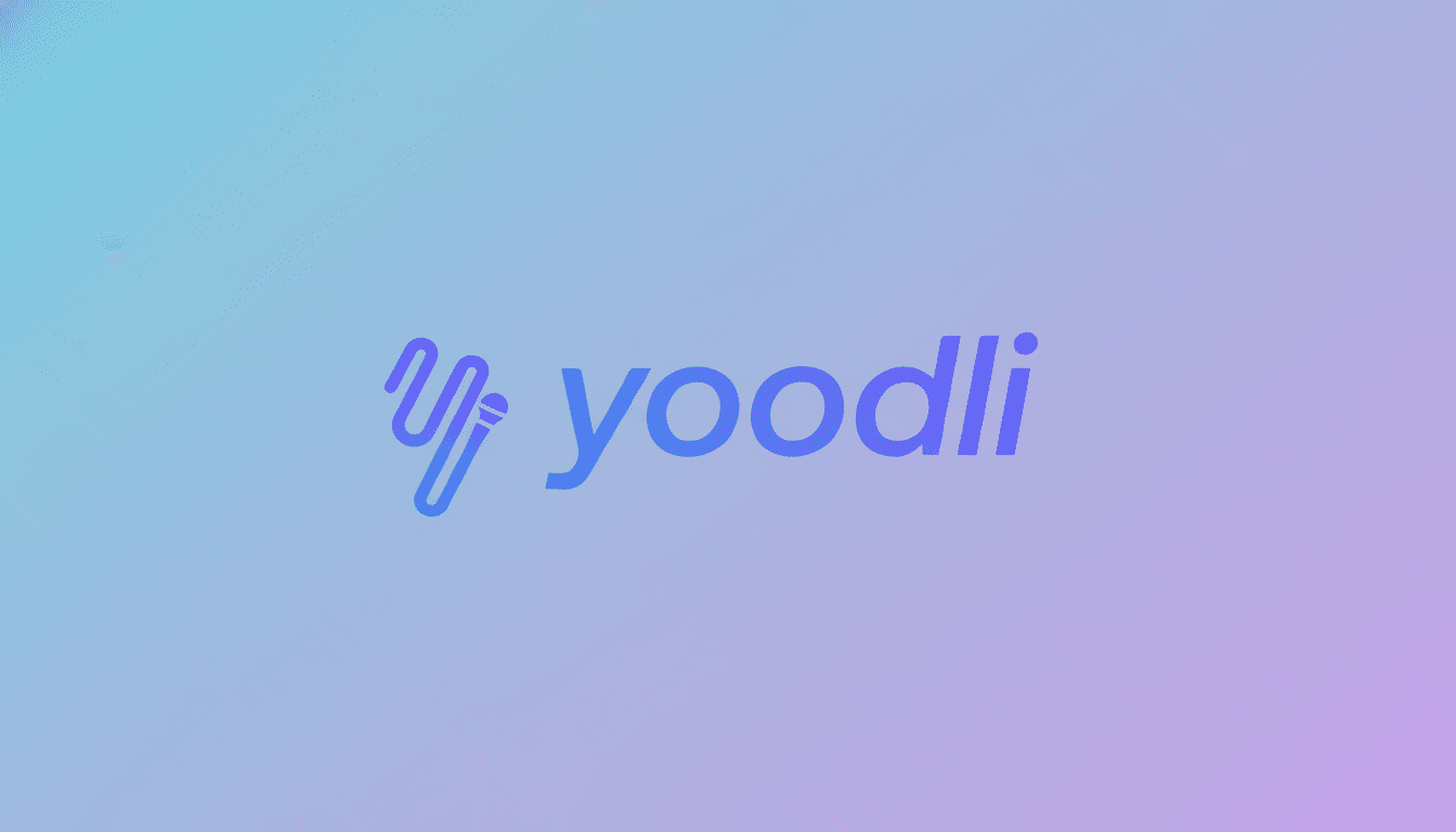 The Yoodli logo, featuring a stylized microphone icon and the word yoodli in a gradient of blue and purple, set against a professional flat design background with soft patterns and gradients.