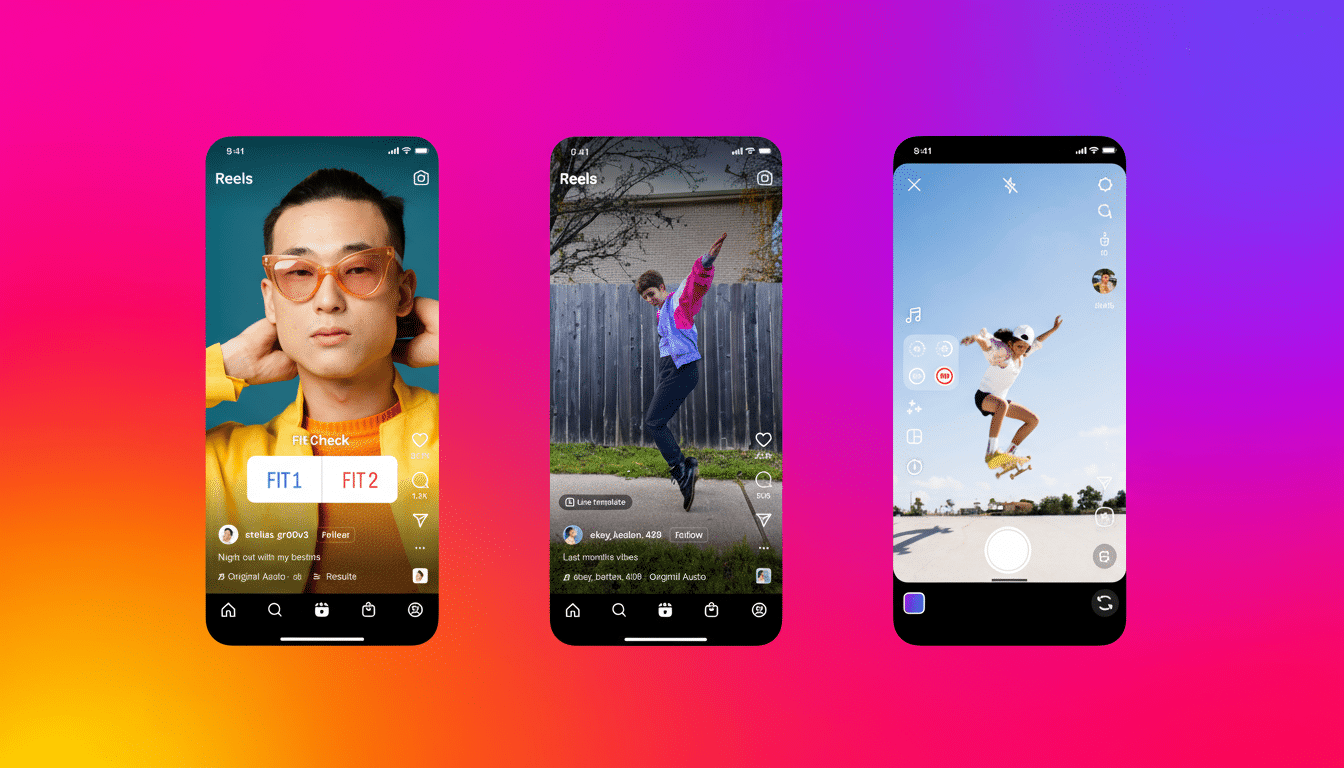 Three smartphone screens displaying Instagram Reels, with the overall image resized to a 16:9 aspect ratio.