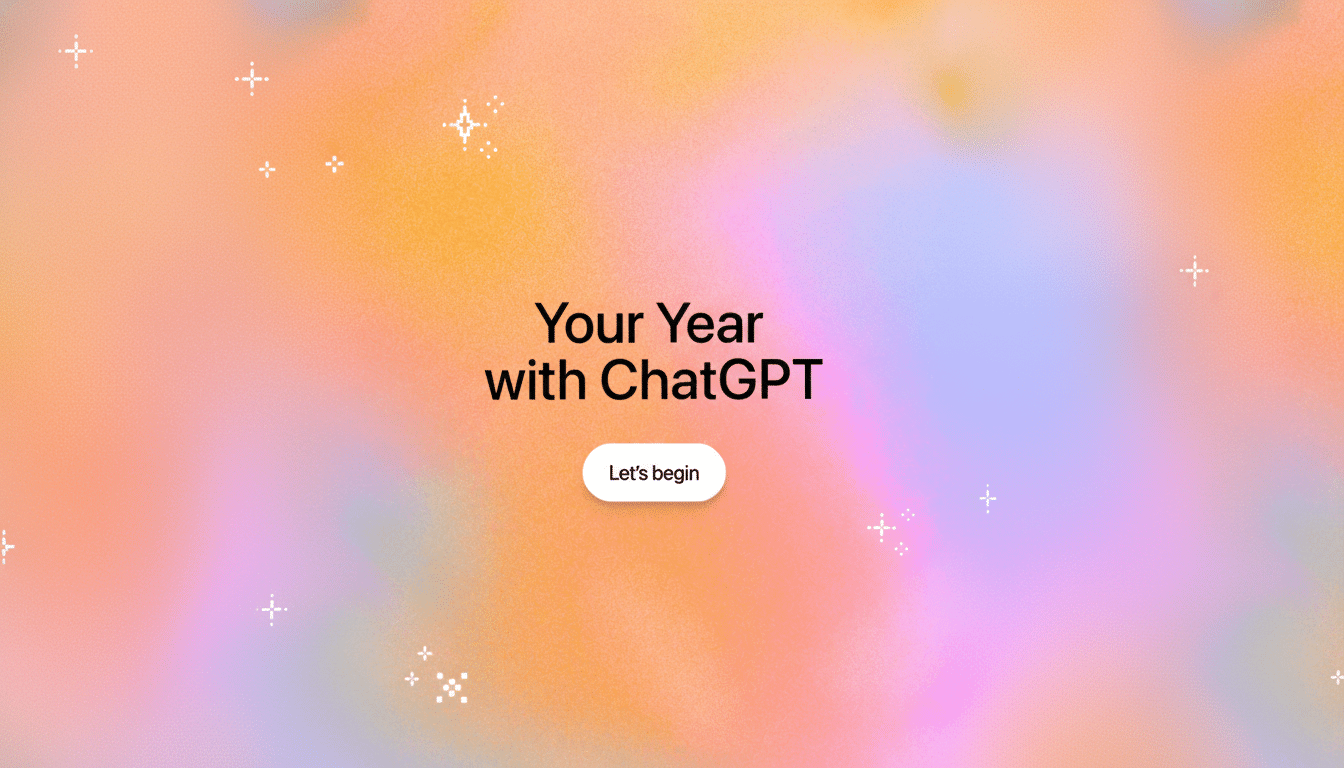 A 16:9 aspect ratio image with a soft, gradient background in shades of orange, pink, and purple. The text Your Year with ChatGPT is centered in black, with a white button below it that says Lets begin. Small, sparkling star-like icons are scattered across the background.