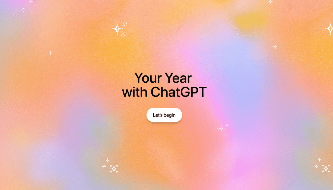 A 16:9 aspect ratio image with a soft, gradient background in shades of orange, pink, and purple. The text Your Year with ChatGPT is centrally placed in dark gray, with a white button below it that reads Lets begin. Small, white, star-like pixelated shapes are scattered across the background.