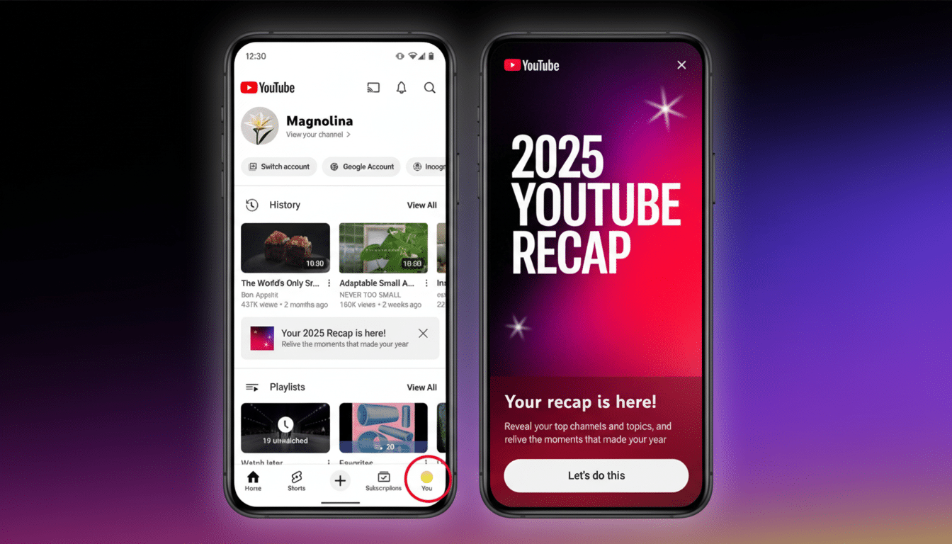 A professional, enhanced image of two mobile phone screens displaying YouTube interfaces, resized to a 16:9 aspect ratio. The left screen shows a YouTube profile page with Magnolina as the channel name, while the right screen displays a 2025 YouTube Recap notification. The background is a soft gradient, maintaining a clean and professional presentation.