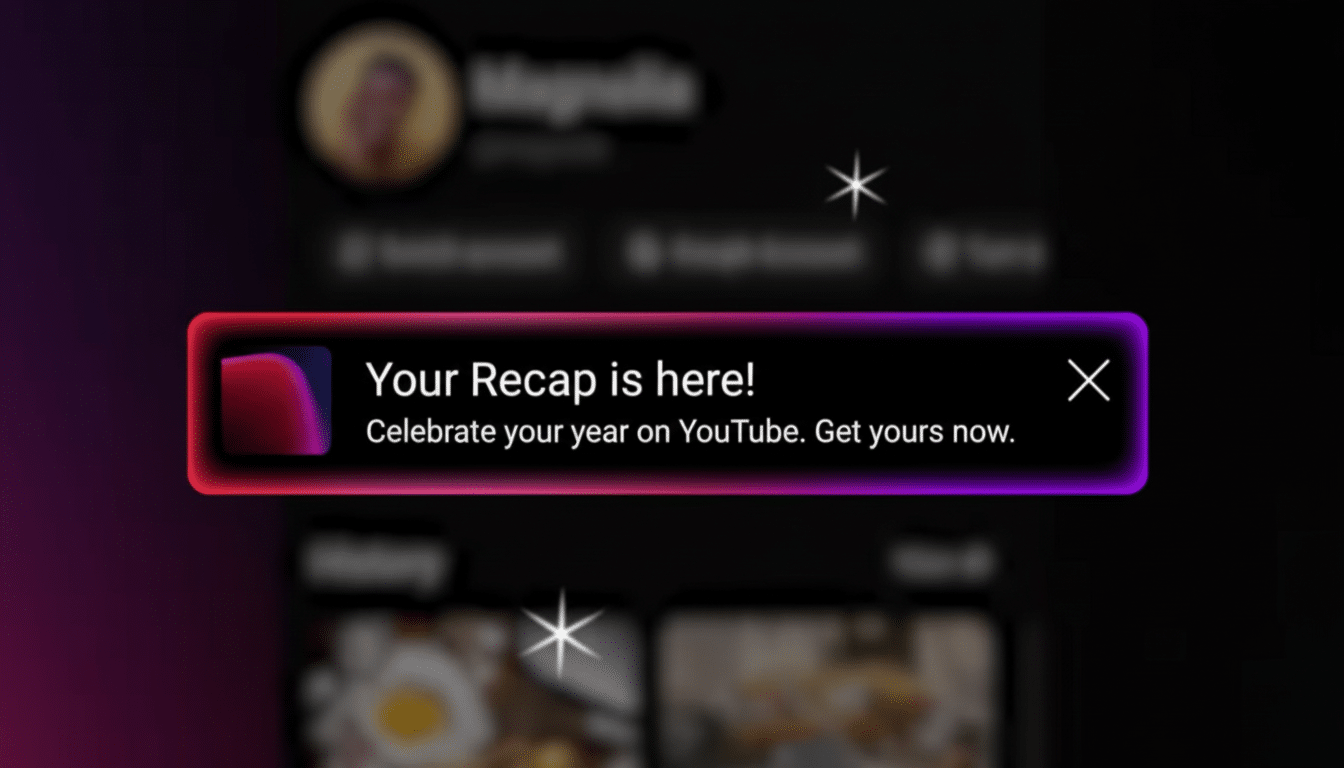 A YouTube notification banner with a gradient border, displaying Your Recap is here! Celebrate your year on YouTube. Get yours now.