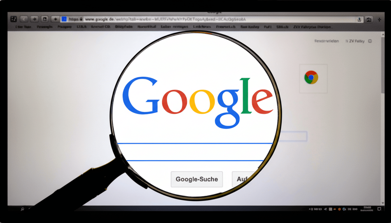A magnifying glass over a computer screen displaying the Google search page, with the Google logo prominently visible through the lens.