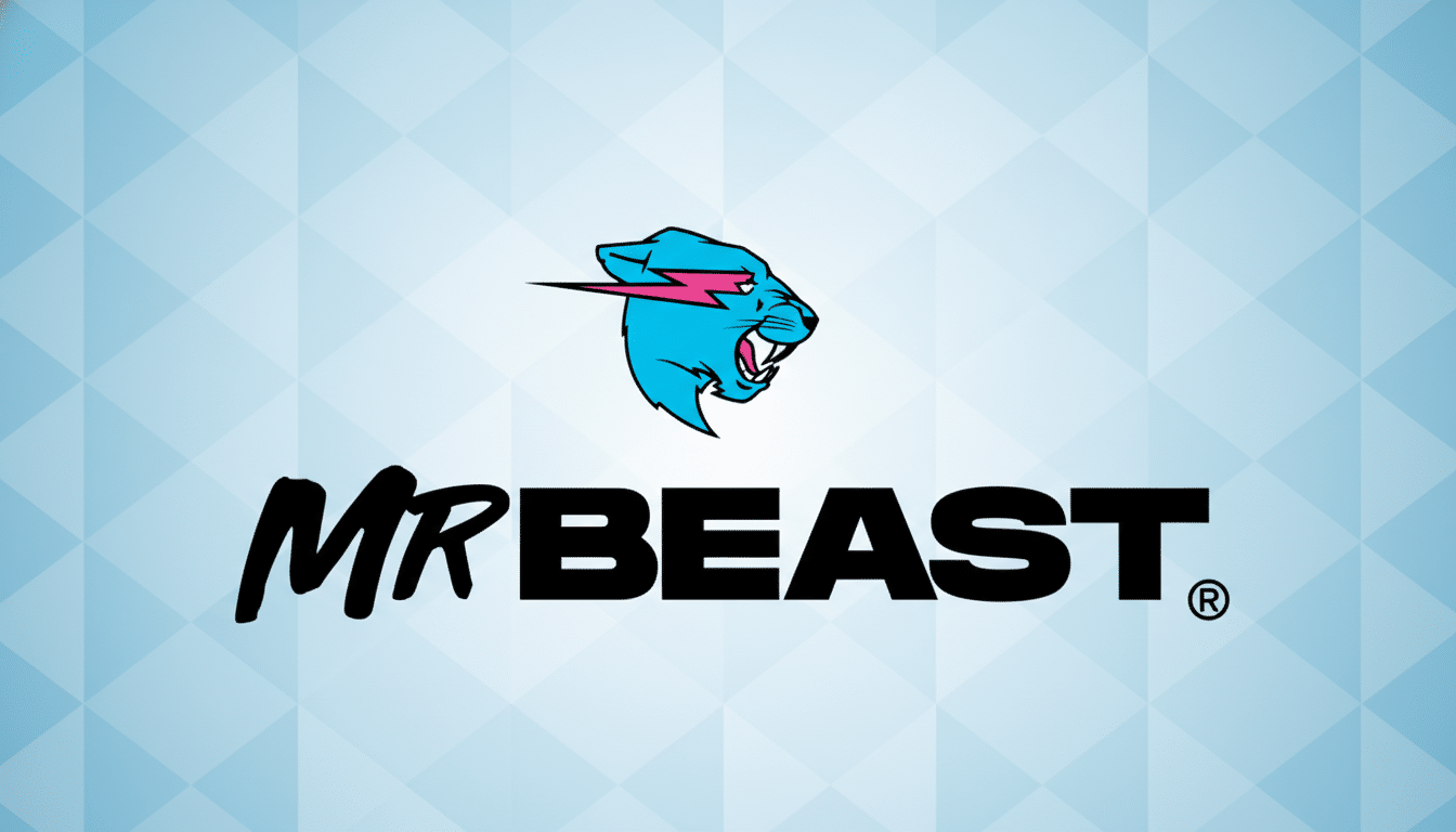 The MrBeast logo, featuring a stylized blue panther head with a pink lightning bolt, above the text MRBEAST in black, set against a light blue background with a subtle geometric pattern.