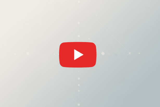 The YouTube logo, a red rounded rectangle with a white play icon in the center, is professionally presented on a light gray background with subtle geometric patterns.
