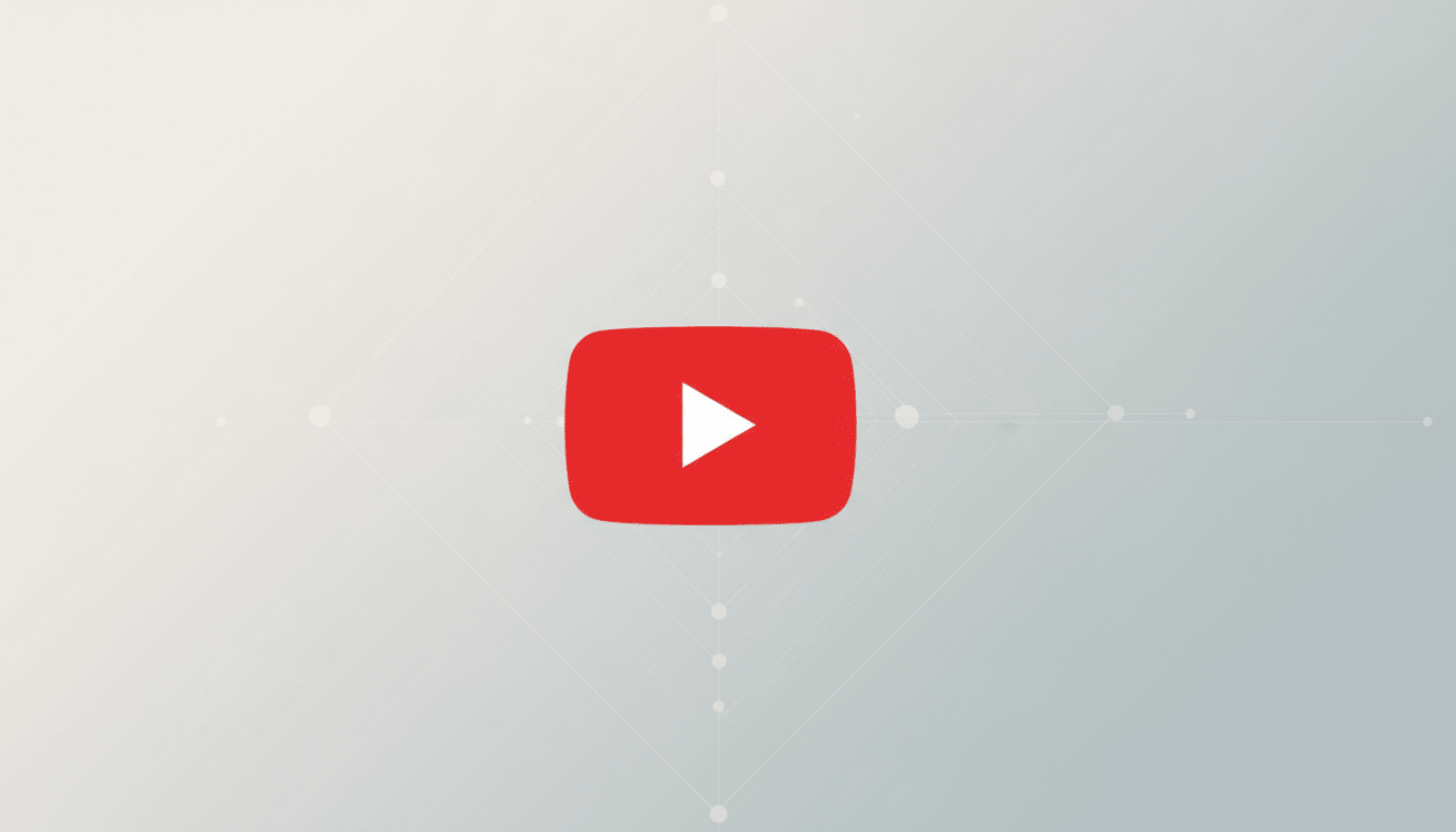 The YouTube logo, a red rounded rectangle with a white play icon in the center, is professionally presented on a light gray background with subtle geometric patterns.