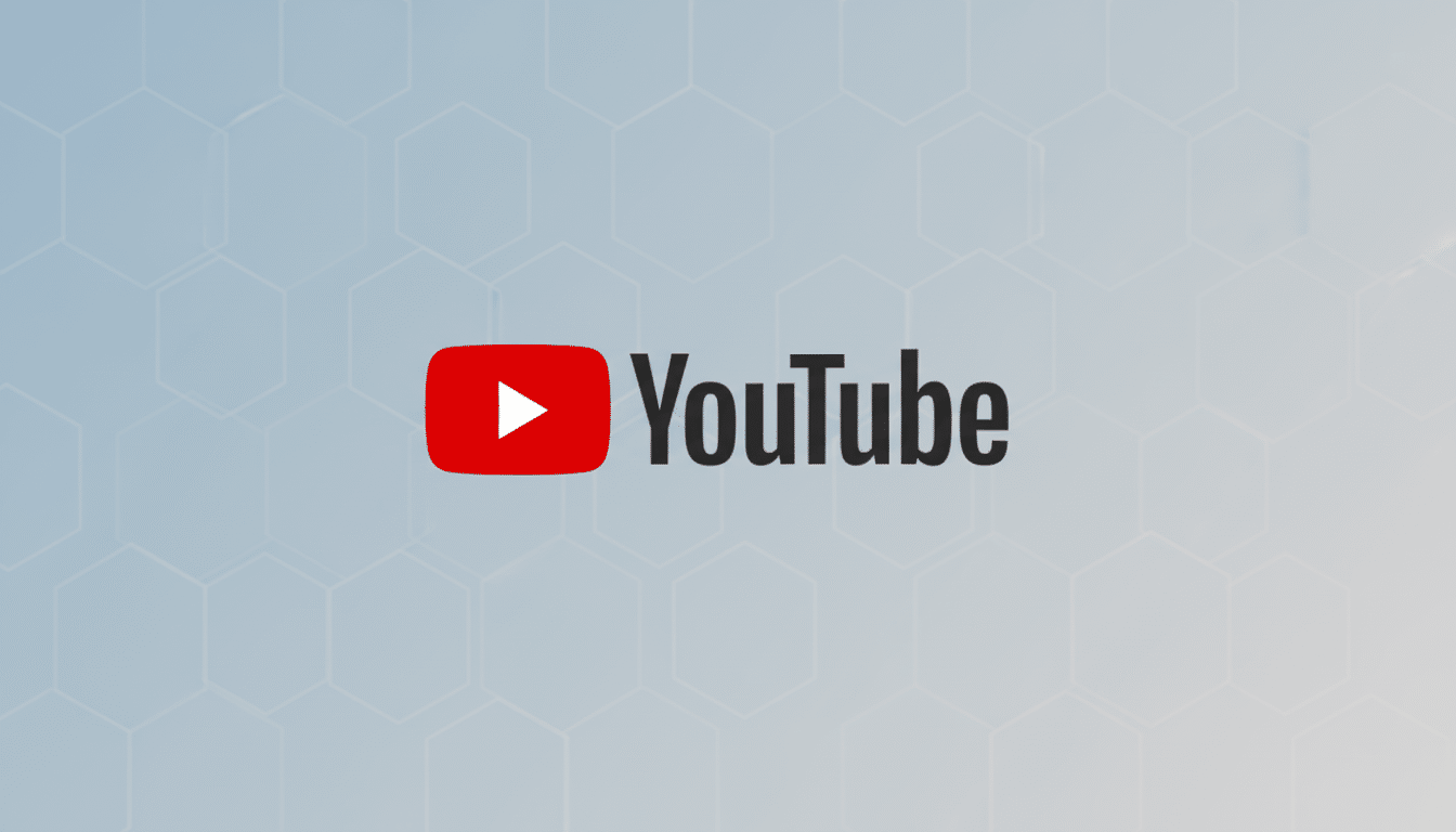 The YouTube logo, featuring a red play button icon next to the word YouTube in black text, centered on a light blue background with a subtle hexagonal pattern.