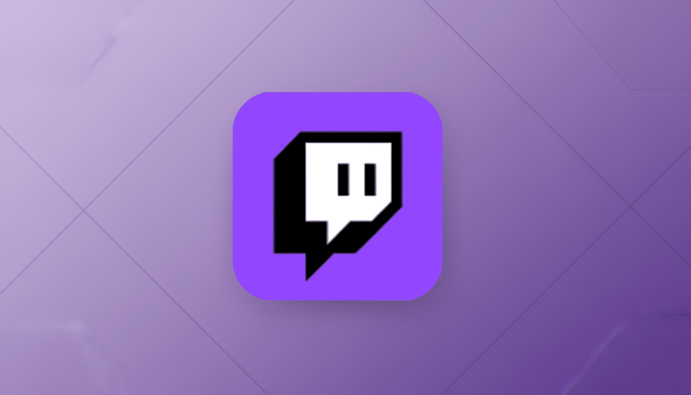 The Twitch logo, a white chat bubble with two vertical lines inside, on a purple rounded square, set against a professional flat design background with soft purple gradients and subtle geometric patterns.