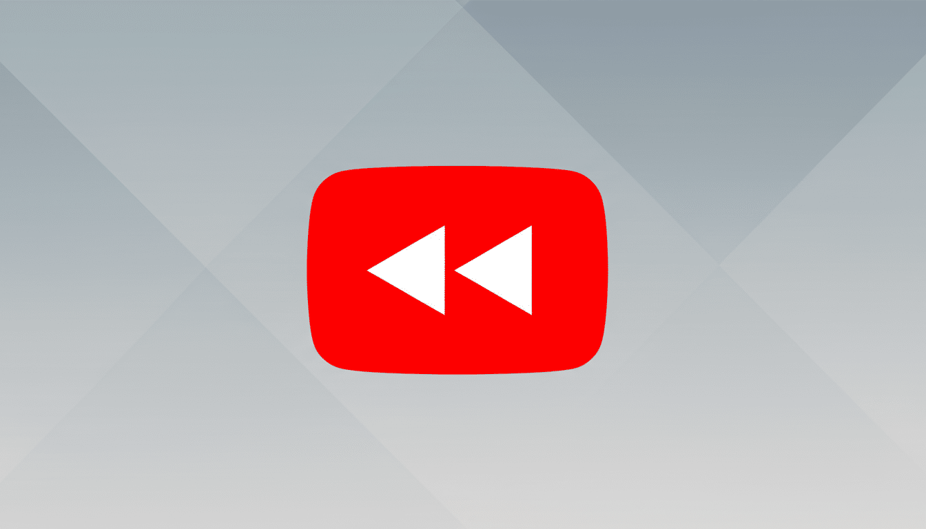 A red YouTube fast rewind icon with two white left-pointing triangles, set against a professional gray background with subtle geometric patterns.