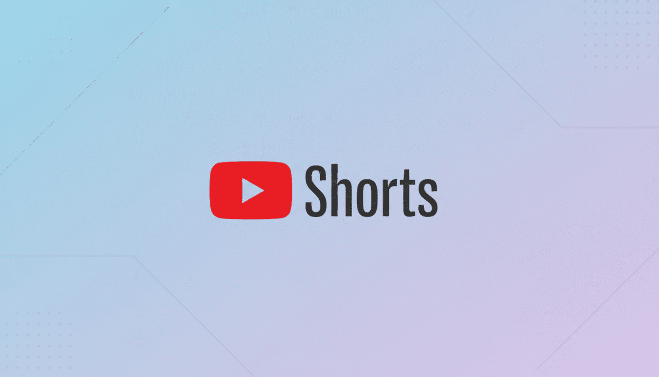The YouTube Shorts logo, featuring a red play button icon next to the word Shorts in dark gray, centered on a professional light blue and purple gradient background with subtle geometric patterns.