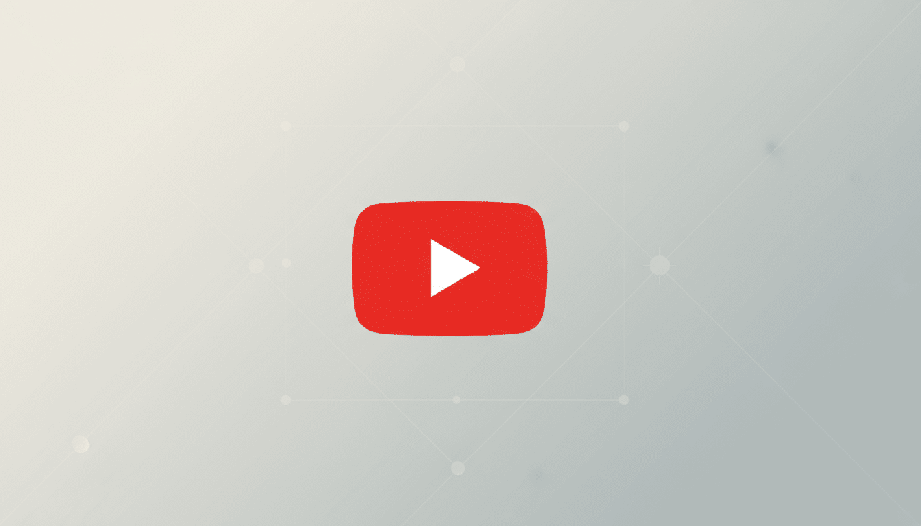The YouTube logo, a red rounded rectangle with a white play button triangle in the center, is presented on a professional flat design background with soft gray gradients and subtle geometric patterns.