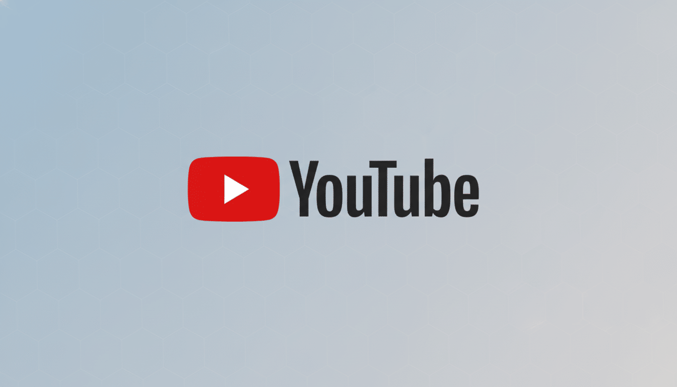 The YouTube logo, featuring a red play button icon next to the word YouTube in black text, centered on a professional flat design background with soft gray gradients and subtle geometric patterns.