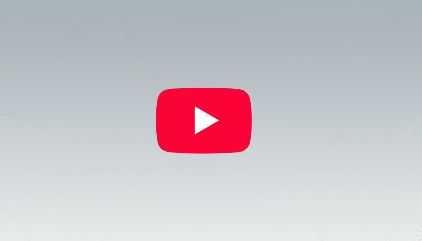 The YouTube logo, a red rectangle with rounded corners and a white play icon in the center, is presented on a professional flat design background with soft gray gradients and subtle geometric patterns.