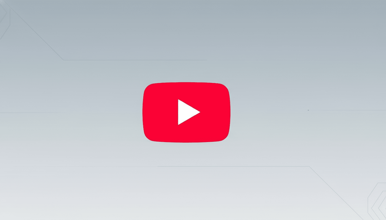 The YouTube logo, a red rounded rectangle with a white play button triangle in the center, is presented on a professional light gray background with subtle geometric patterns.